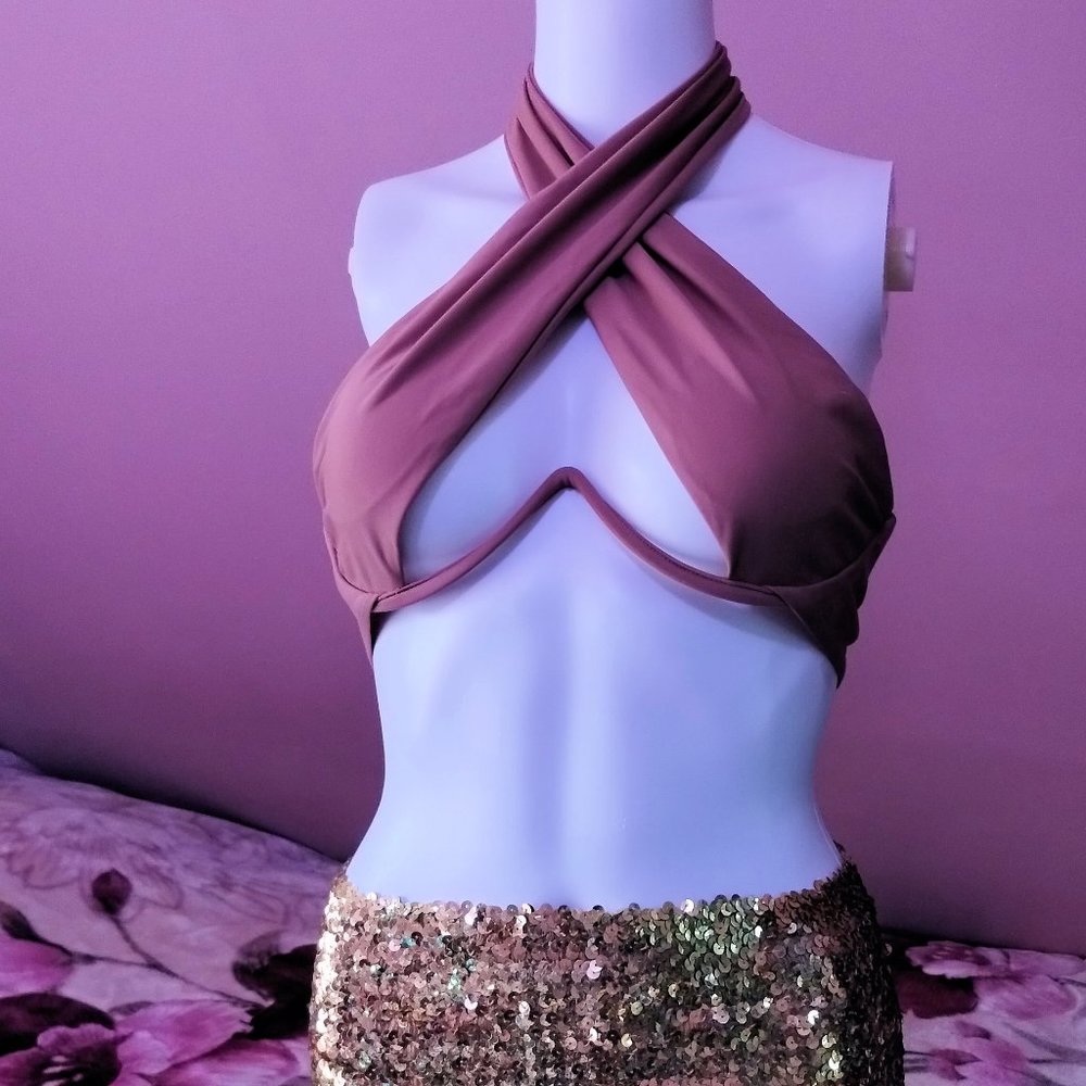 Unique cut out halter swim top (M) Brown